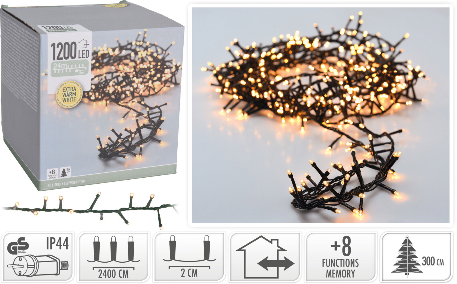 1200 LED Lichterkette warmweiß IP44  innen + außen Garten Cluster Timer 8 Lichteffekte Weihnachtsbeleuchtung Weihnachten Strom